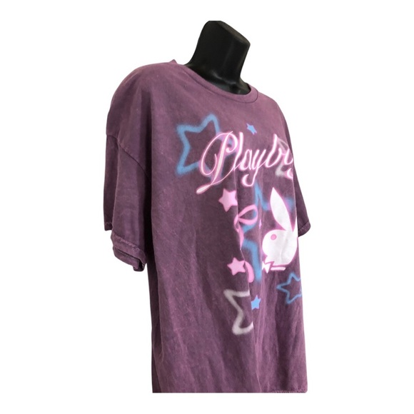 Pink mauve washed cotton blue stars Playboy bunny logo oversized t-shirt size XL - Picture 10 of 12